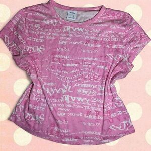 Bershka Pink Allover Script Print Short Sleeve Tee